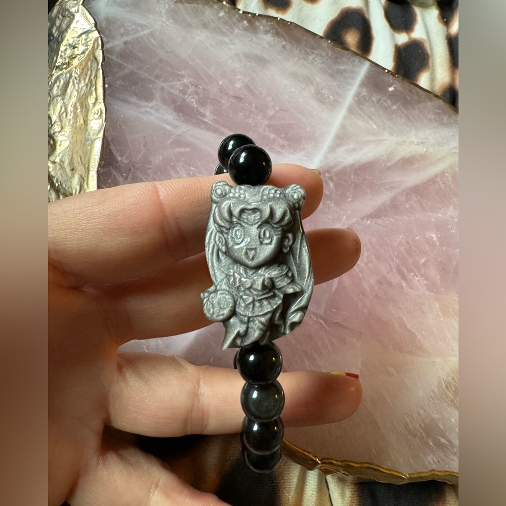 $29 Crystal Healing Silver Sheen Obsidian Sailor Moon Bracelet! 10mm!